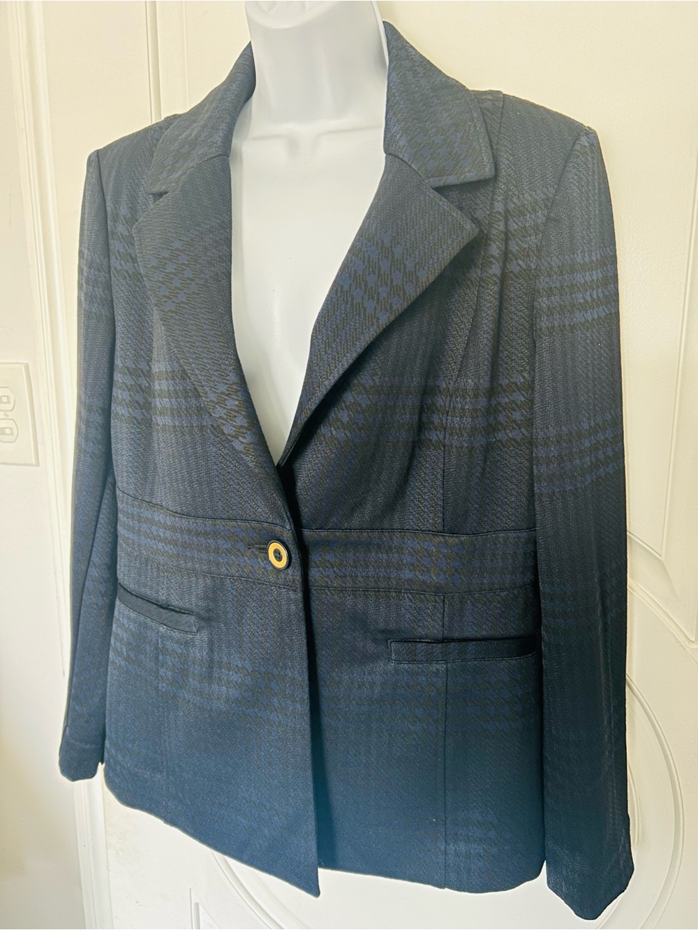 CAbi Navy Plaid Single-Button Blazer with Gold-Tone Button